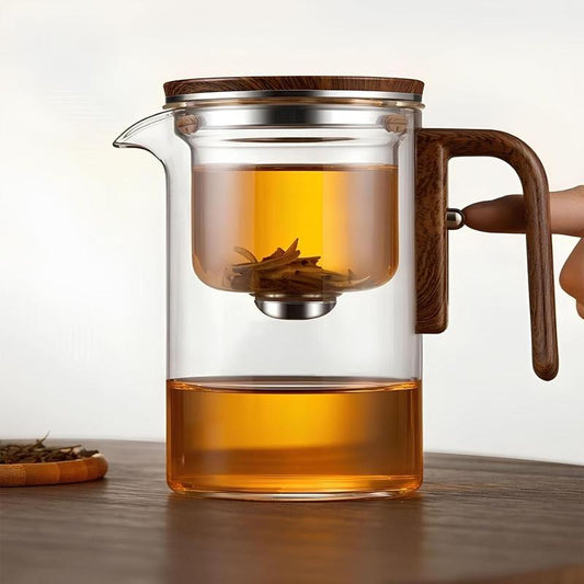 Enchantipot, Magic Teapot,Water Separation Glass with Wooden Handle, Press Control,For Loose Tea Witchcraft Millennial Teapot Touch Tea Filter Tea Cup Borosilicate Lid Loose Leaf